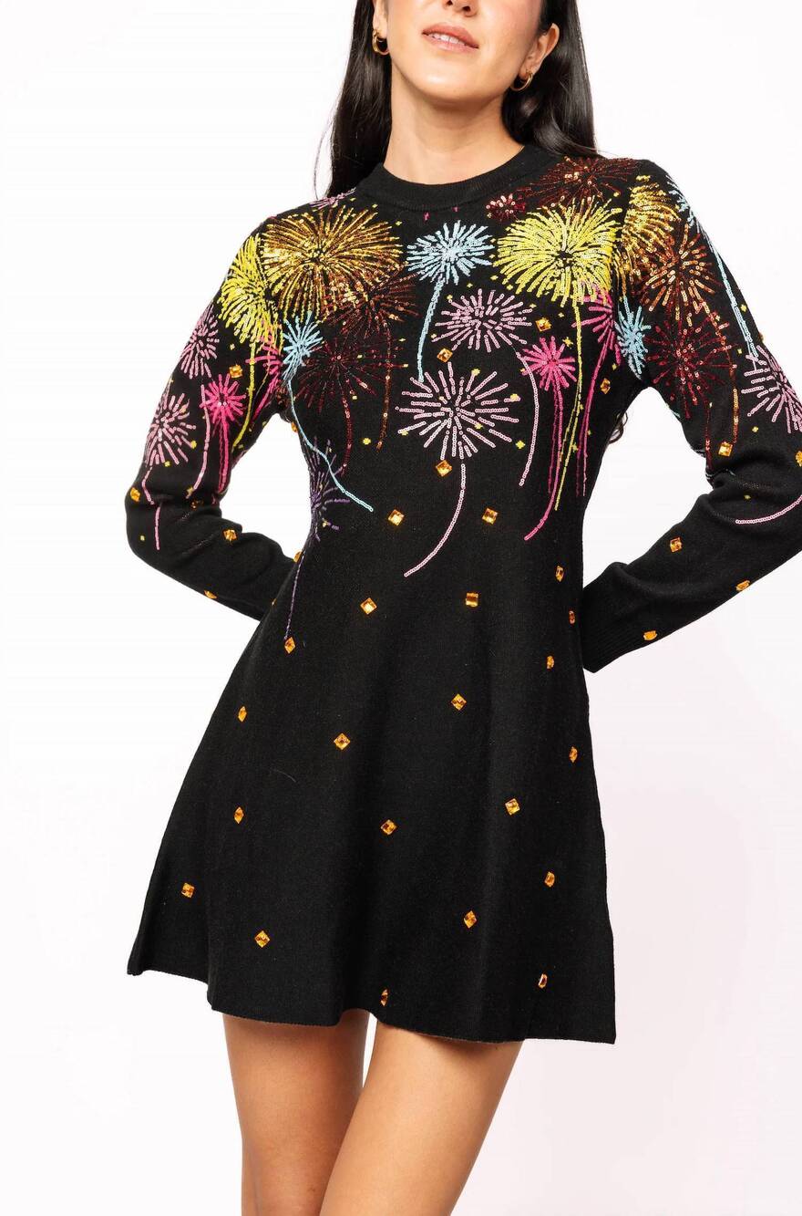 NEW QUEEN OF SPARKLES rainbow firework jeweled sweater dress in black multi